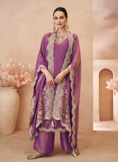 Purple Multi Embroidery Pant Style Suit