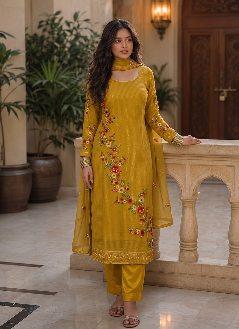 Mustard Yellow Floral Embroidered Pant Style Suit