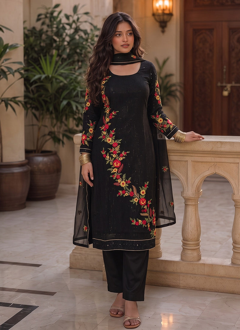 Black Floral Embroidered Pant Style Suit