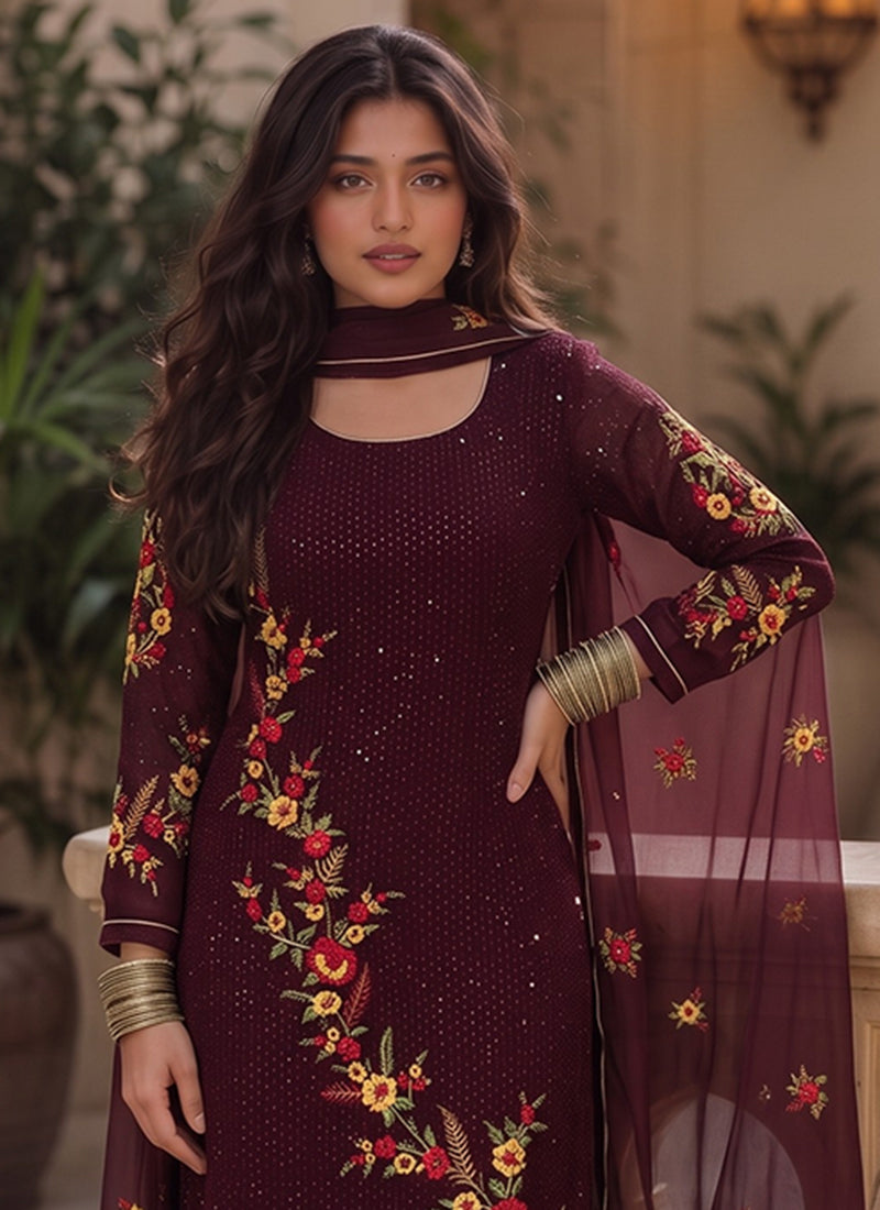 Buy Wine Floral Pant Suit In Canada