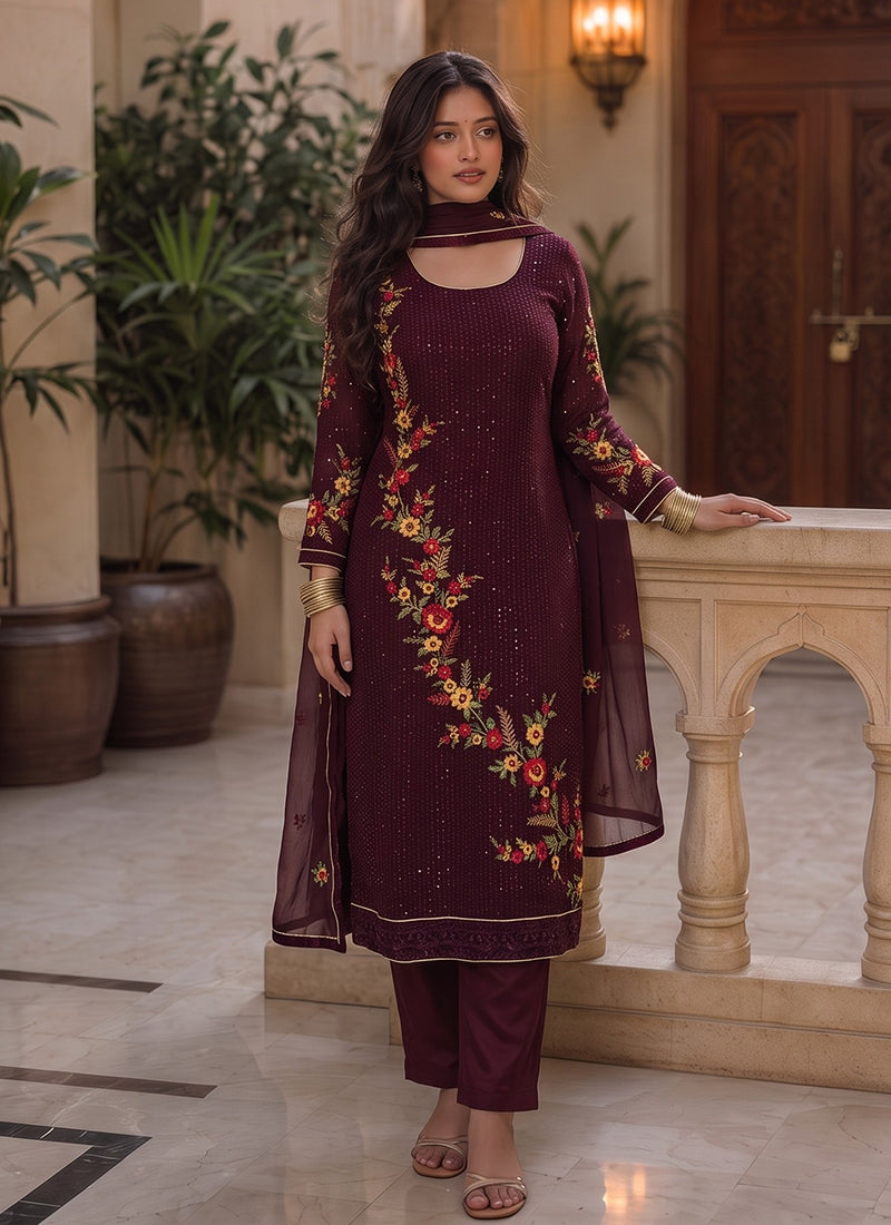 Deep Wine Floral Embroidered Pant Style Suit