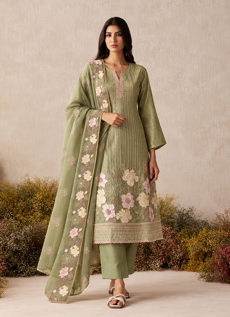Light Green Floral Embroidery Silk Pant Style Suit