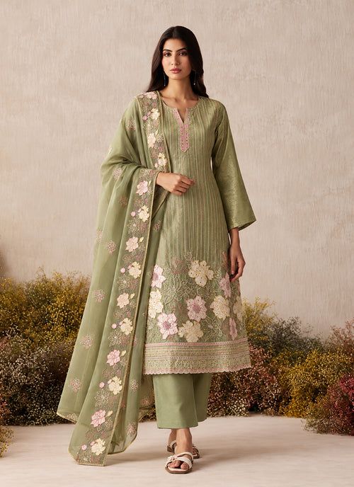 Light Green Floral Embroidery Silk Pant Style Suit
