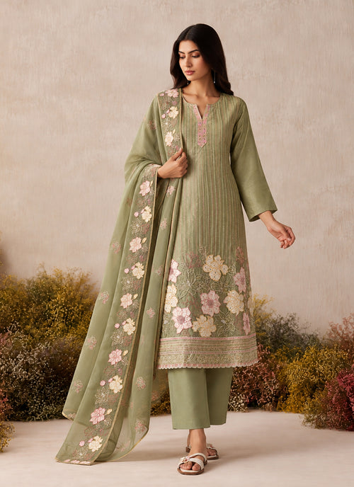 Light Green Floral Embroidery Silk Pant Style Suit