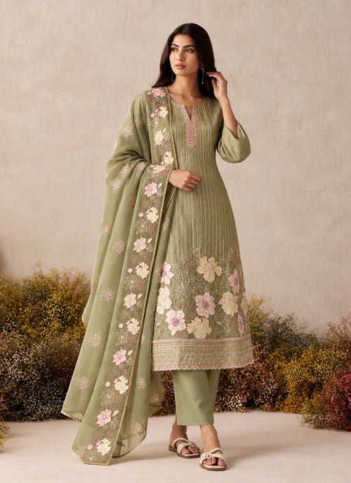 Light Green Floral Embroidery Silk Pant Style Suit