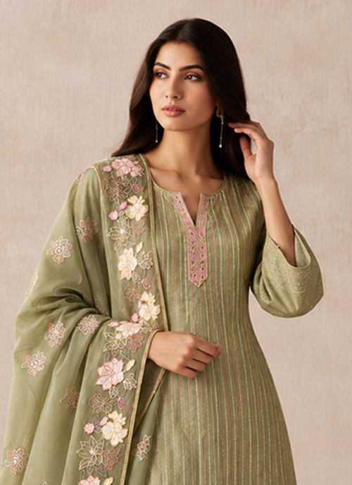Light Green Floral Embroidery Silk Pant Style Suit