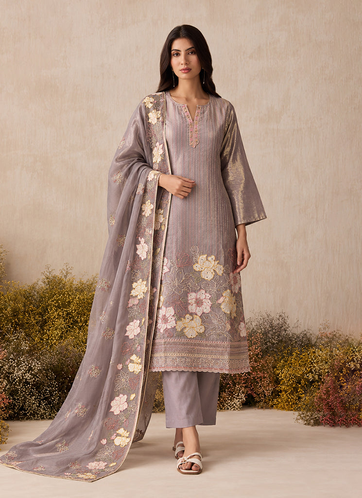 Lavender Floral Embroidery Silk Pant Style Suit