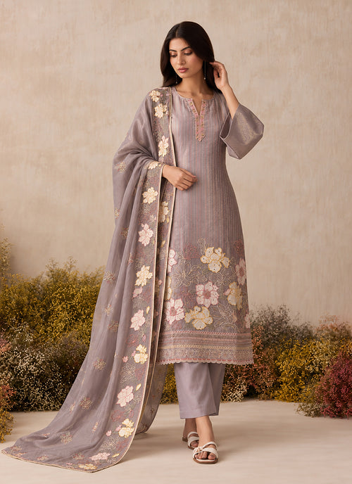 Lavender Floral Embroidery Silk Pant Style Suit