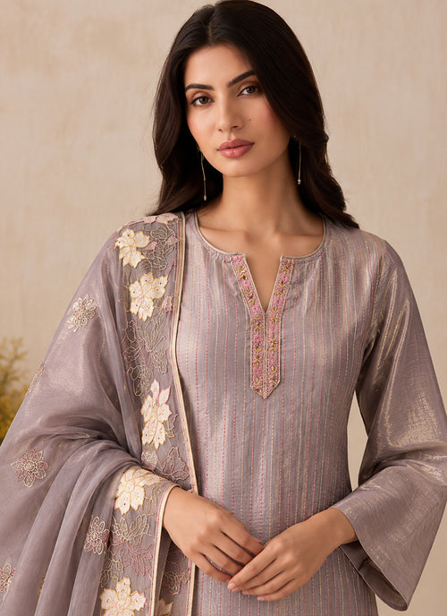 Lavender Floral Embroidery Silk Pant Style Suit