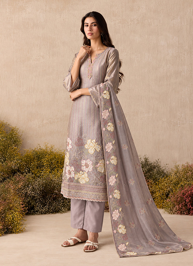 Lavender Floral Embroidery Silk Pant Style Suit
