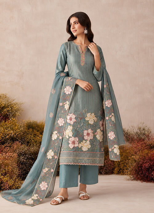 Sky Blue Floral Embroidery Silk Pant Style Suit