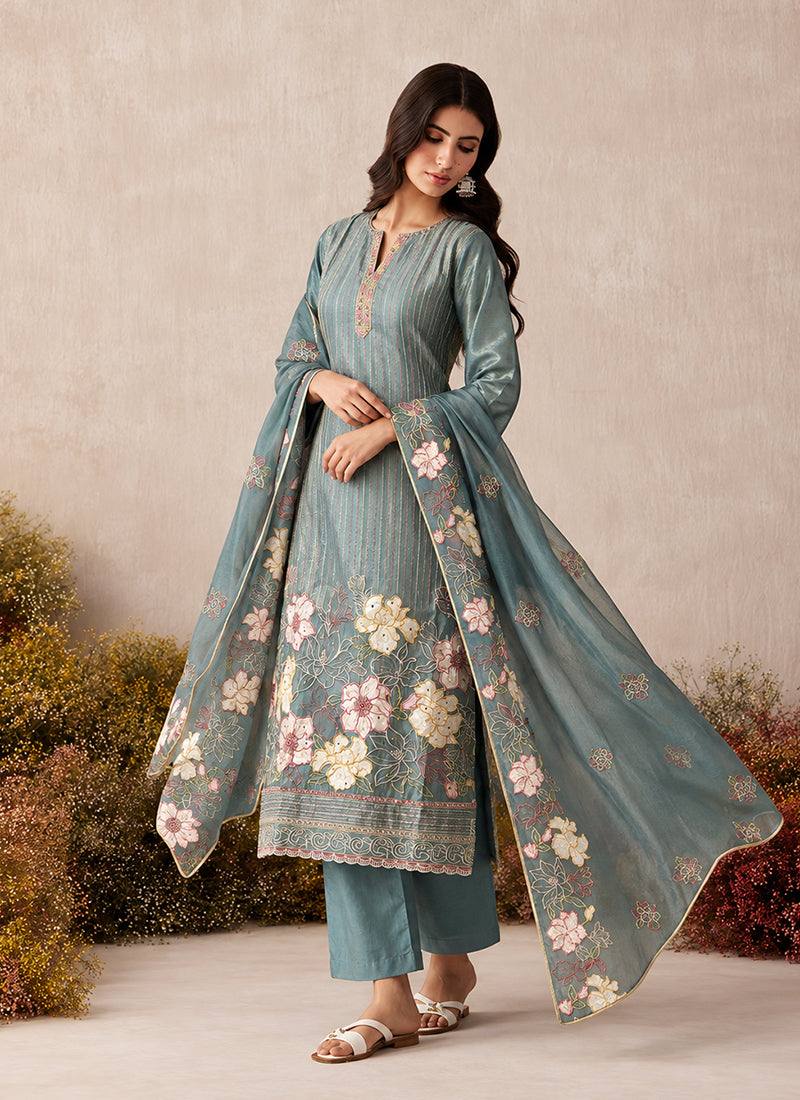 Sky Blue Floral Embroidery Silk Pant Style Suit