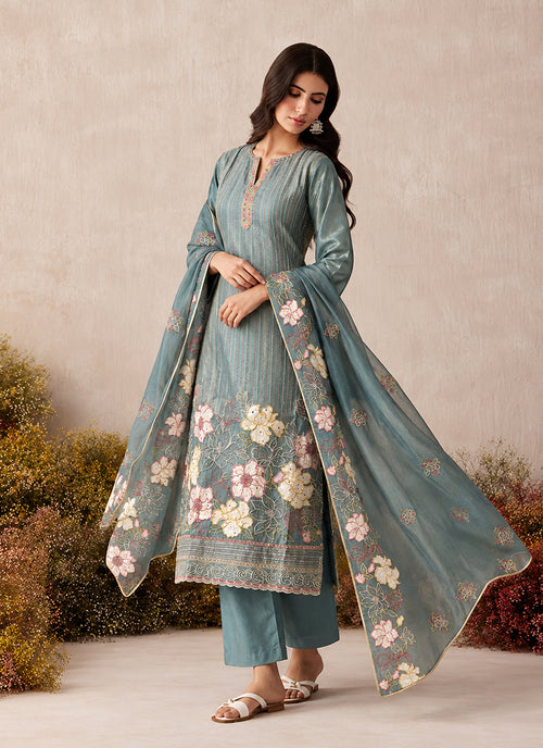 Sky Blue Floral Embroidery Silk Pant Style Suit