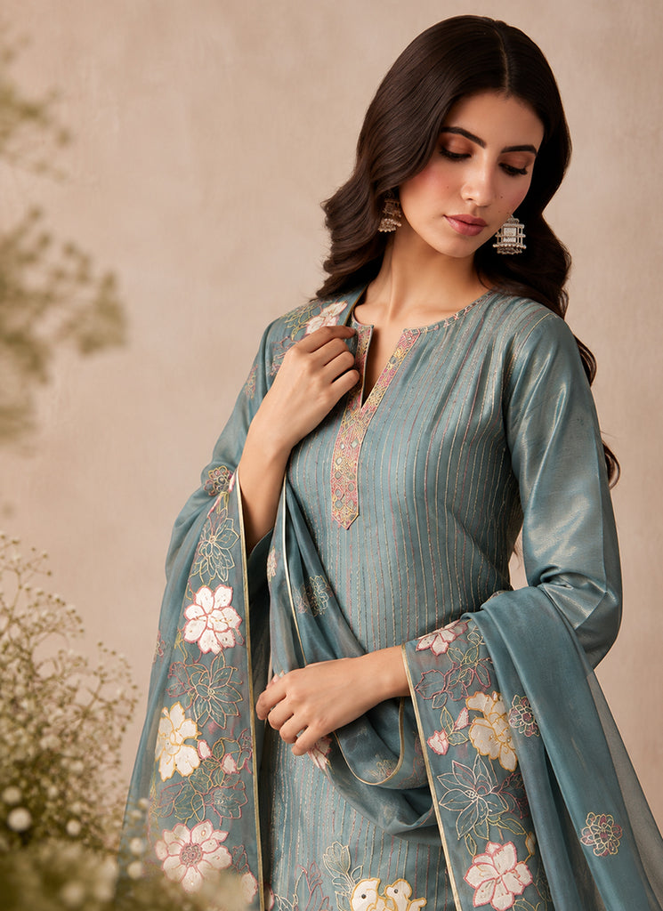 Sky Blue Floral Embroidery Silk Pant Style Suit