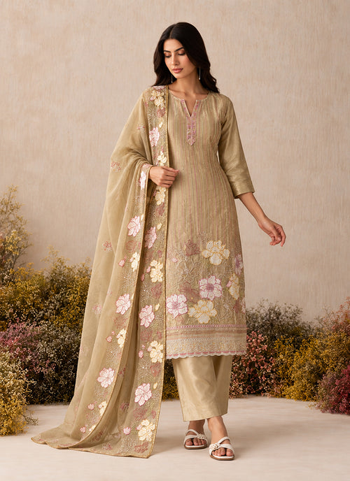 Beige Floral Embroidery Silk Pant Style Suit