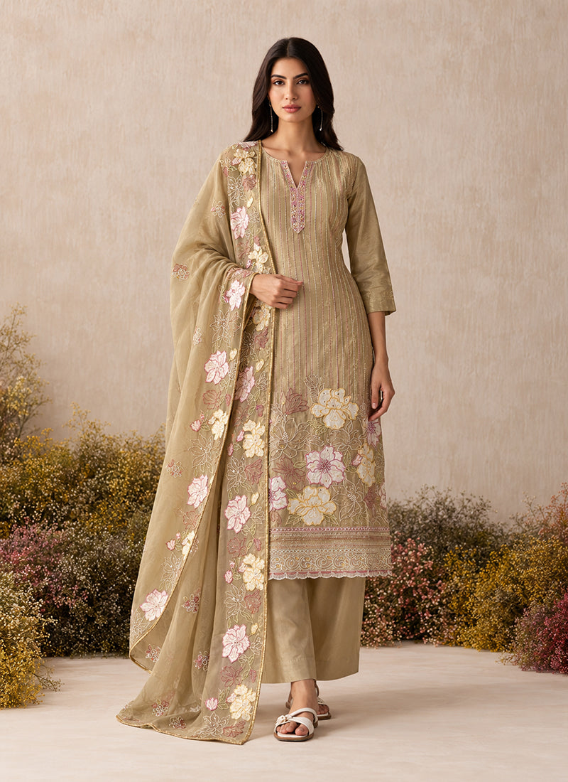 Beige Floral Embroidery Silk Pant Style Suit