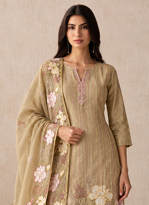 Beige Floral Embroidery Silk Pant Style Suit