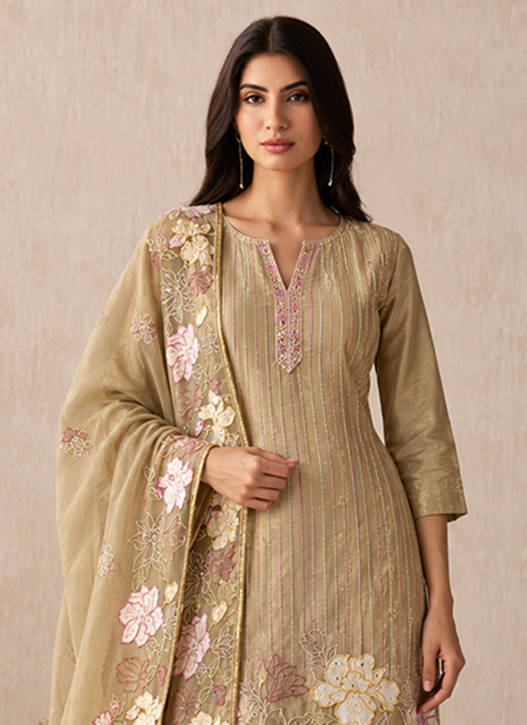 Beige Floral Embroidery Silk Pant Style Suit