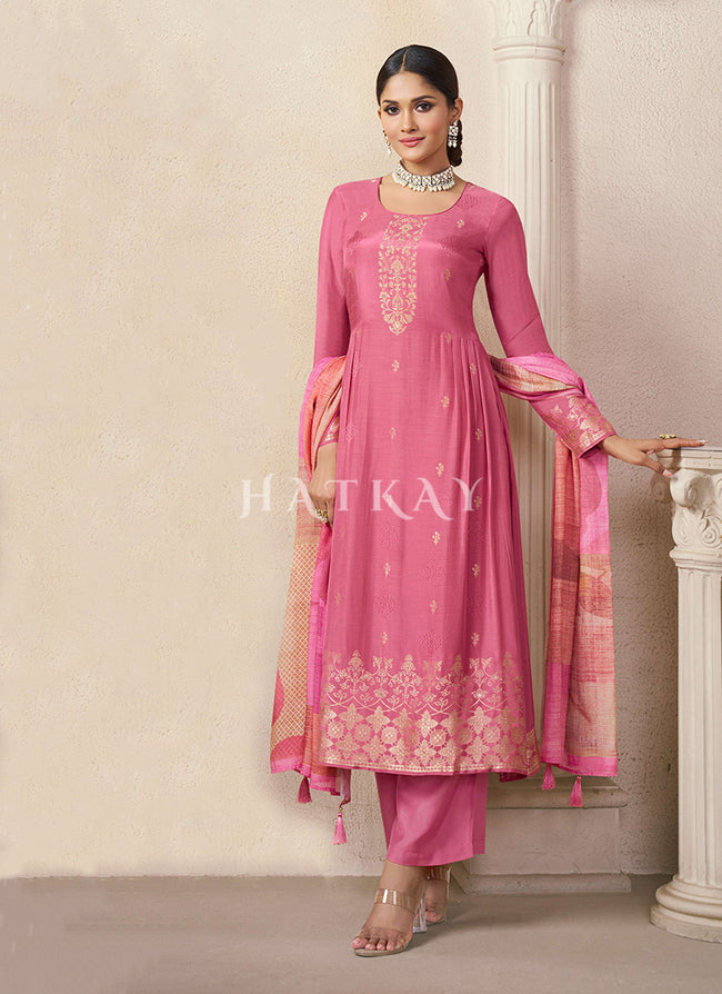 Salmon Pink Printed Pant Style Salwar Suit