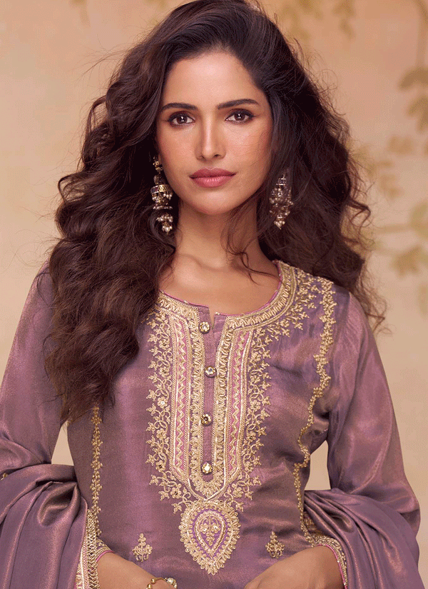 Purple Embroidery Pant Style Suit