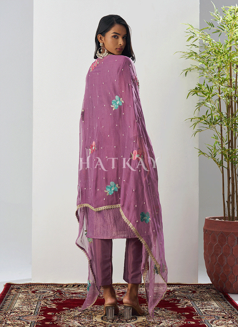 Mauve purple pant style suit with intricate floral embroidery and matching dupatta

