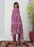 Mauve purple pant style suit with intricate floral embroidery and matching dupatta

