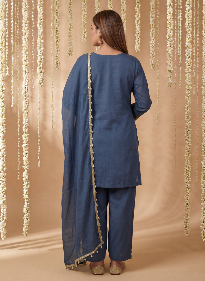 Buy Steel Blue Silk Pant Style Suit In Australia
