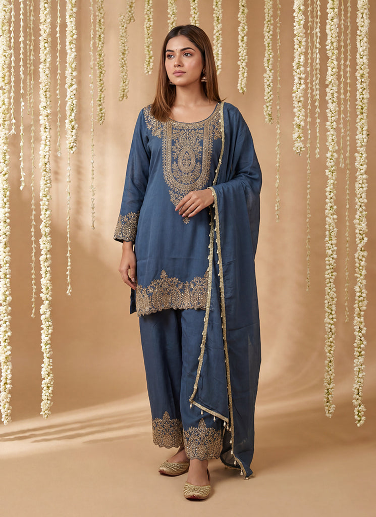 Steel Blue Embroidery Tissue Silk Pant Style Suit