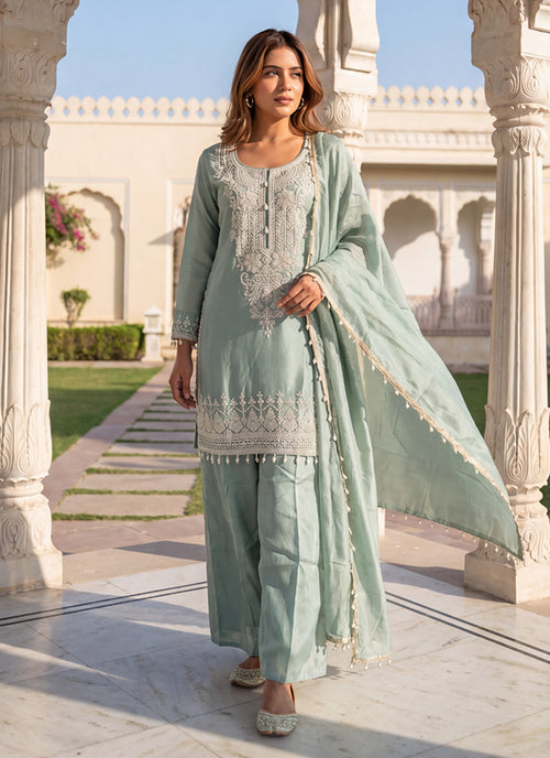 Mint Green Handwork Embroidered Pant Style Suit