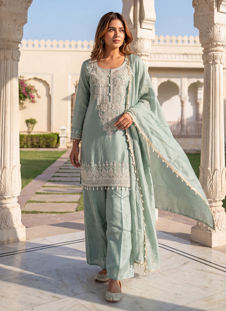 Mint Green Handwork Embroidered Pant Style Suit