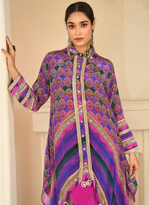 Purple & pink digital print pant suit for festive occasions