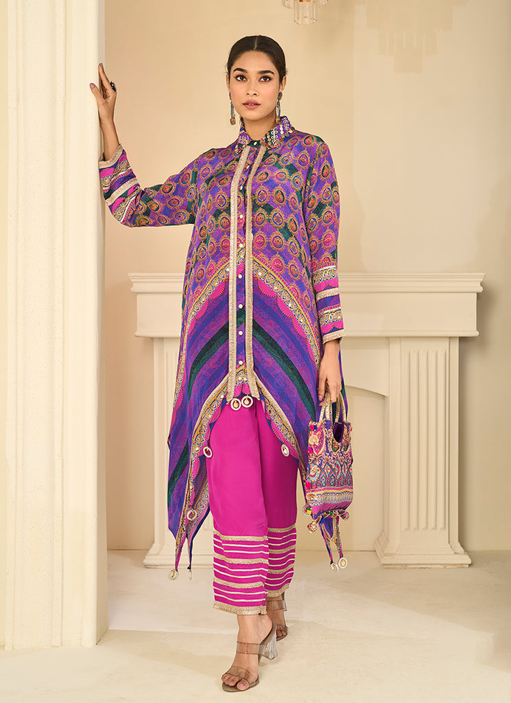 Purple And Pink Digital Print Designer Pant Suit