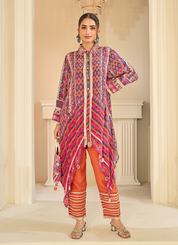 Pink And Orange Digital Print Designer Pant Suit