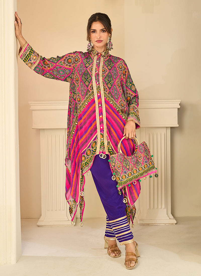 Pink And Violet Digital Print Designer Pant Suit