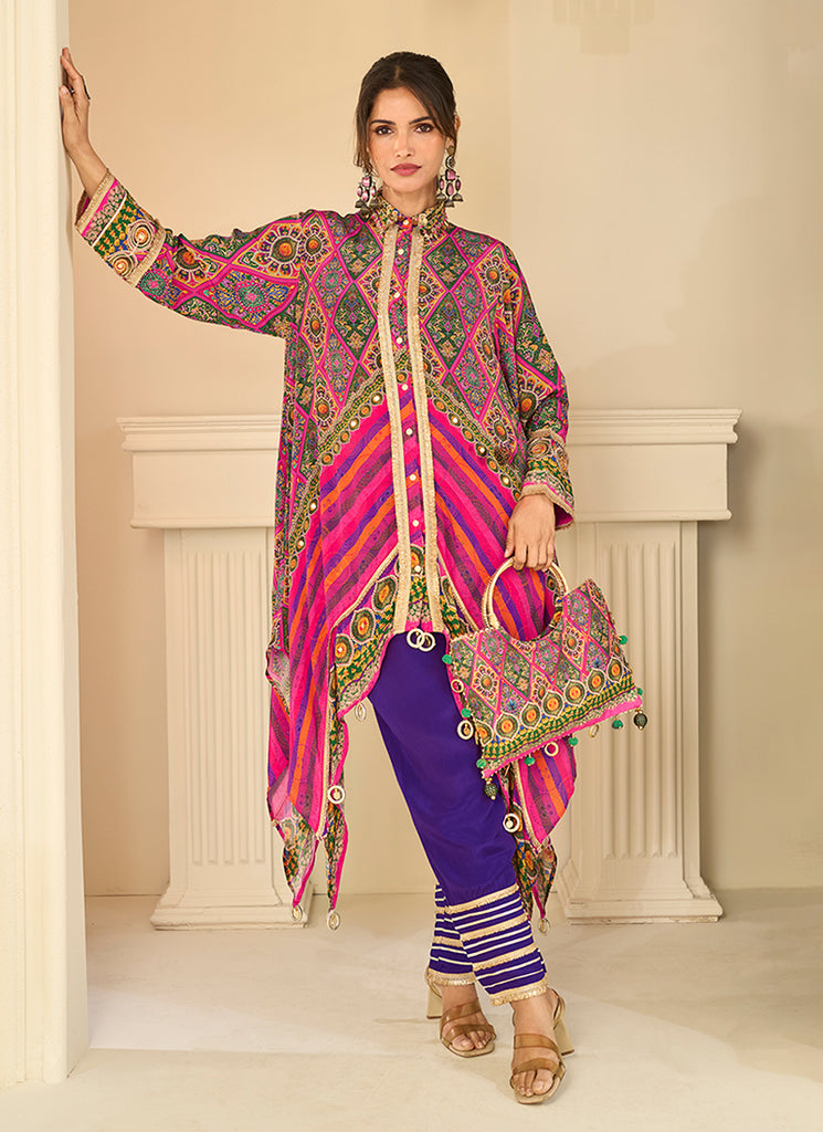Pink And Violet Digital Print Designer Pant Suit