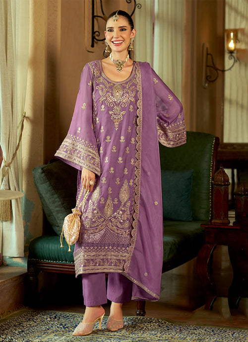 Lilac Purple Embroidered Designer Pant Suit