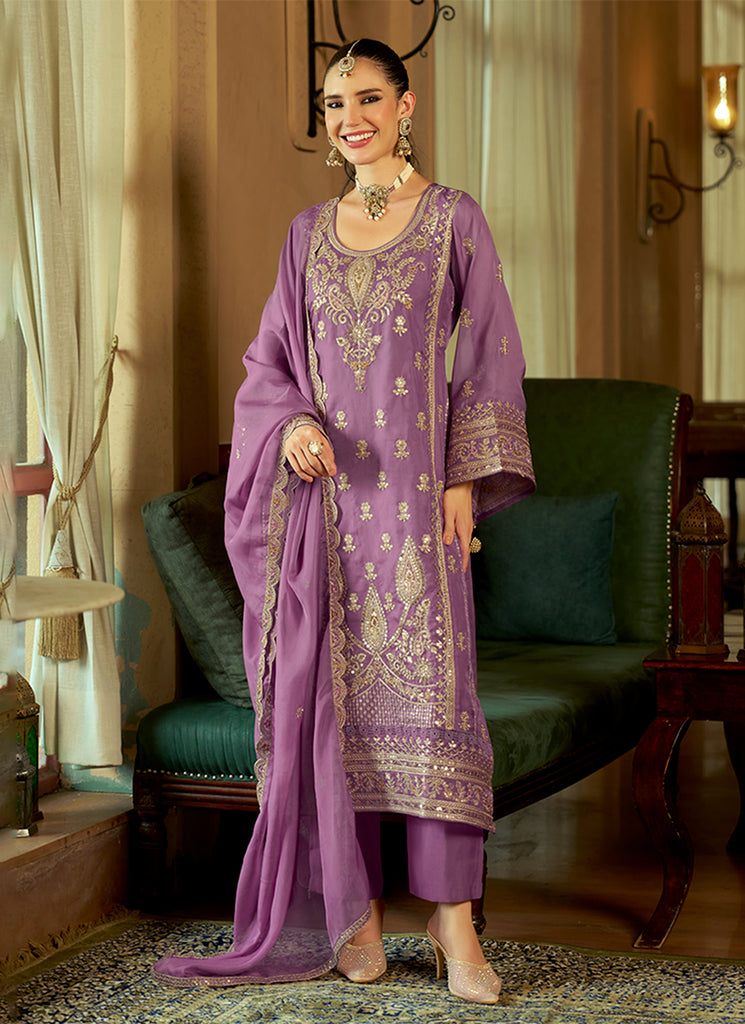 Stylish lilac purple embroidered salwar pant suit for women