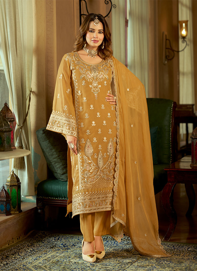 Golden Yellow Embroidered Designer Pant Suit