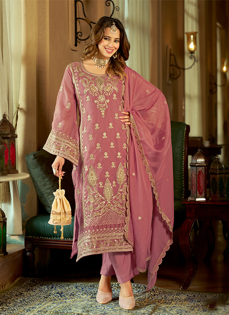 Designer rose pink embroidered pant suit for weddings and parties