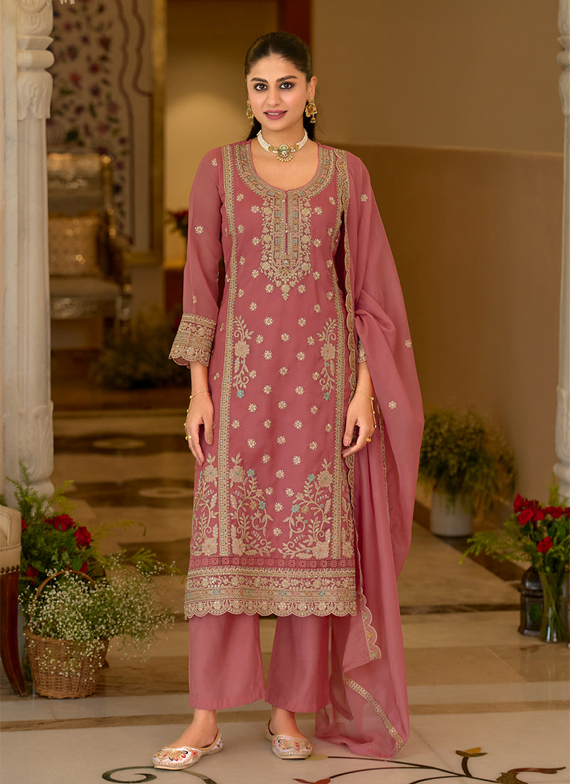 Pink Cording Embroidery Organza Silk Pant Style Suit