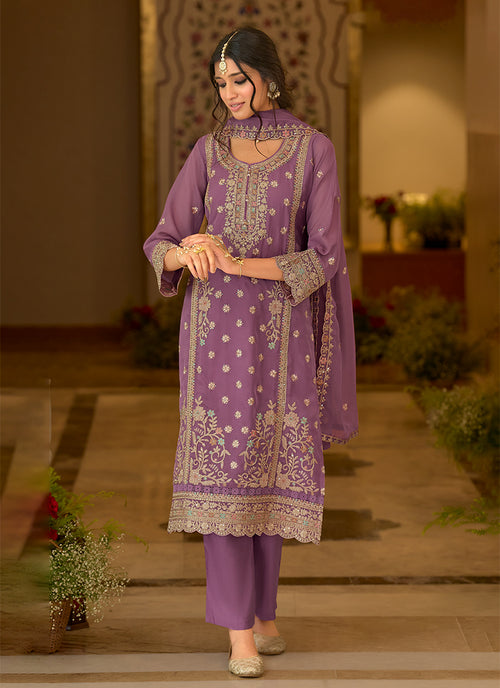 Purple Cording Embroidery Organza Silk Pant Style Suit