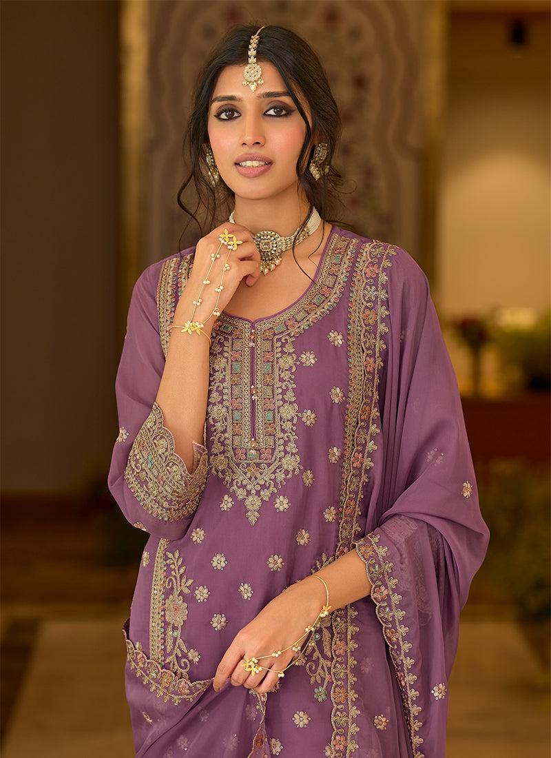 Buy Purple Organza Silk Pant Style Suit In Canada