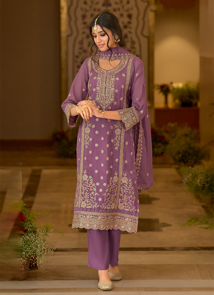 Purple Cording Embroidery Organza Silk Pant Style Suit