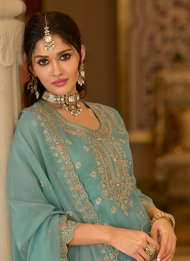 Buy Teal Blue Silk Pant Style Suit In Australia