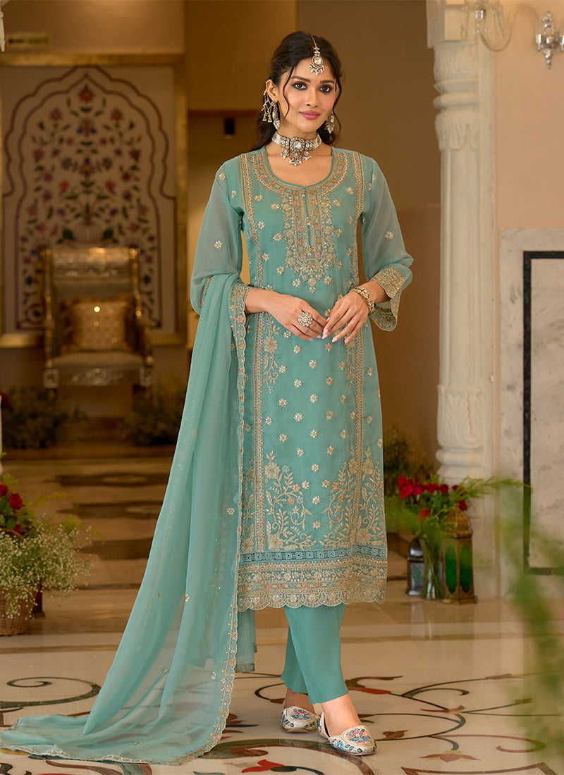 Teal Blue Cording Embroidery Organza Silk Pant Style Suit