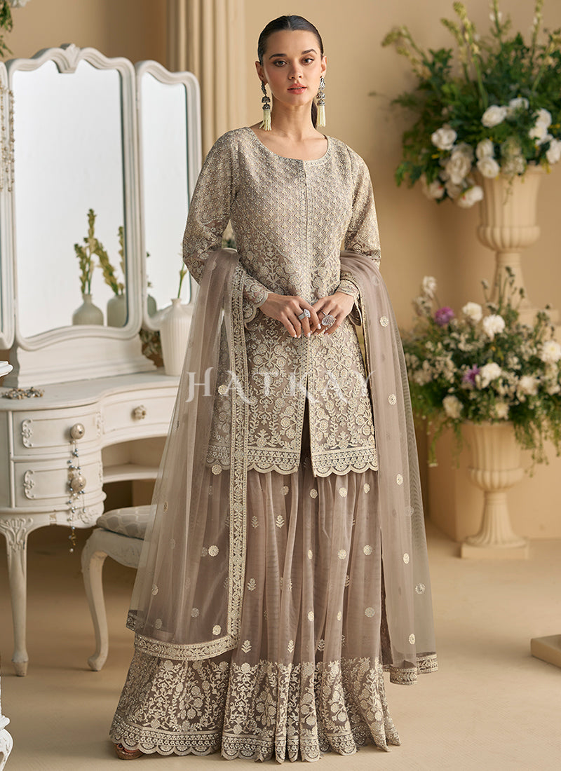 Champagne Beige Embroidered Sharara Suit