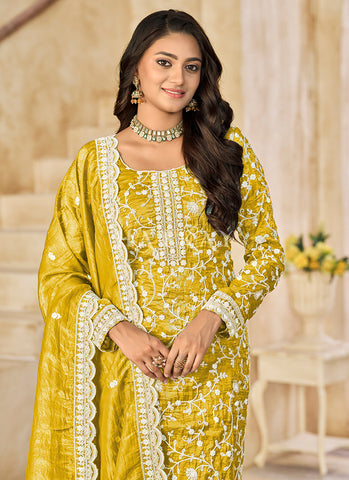 Yellow Embroidery Organza Pant Style Salwar Suit