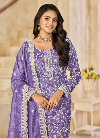 Purple Embroidery Organza Pant Style Salwar Suit