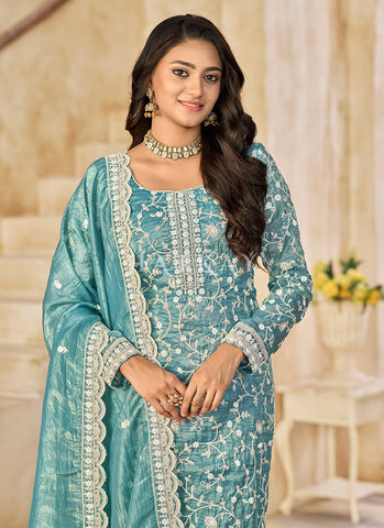 Blue Embroidery Organza Pant Style Salwar Suit