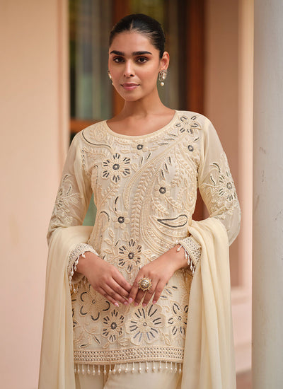 Cream White Handwork Embroidery Pant Style Suit